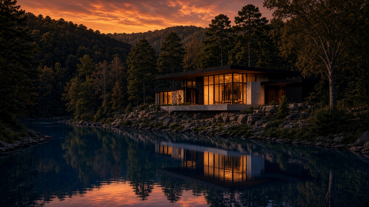 A lit house on a river at intense sunset, espresso ridgeline and Quad-blue water.